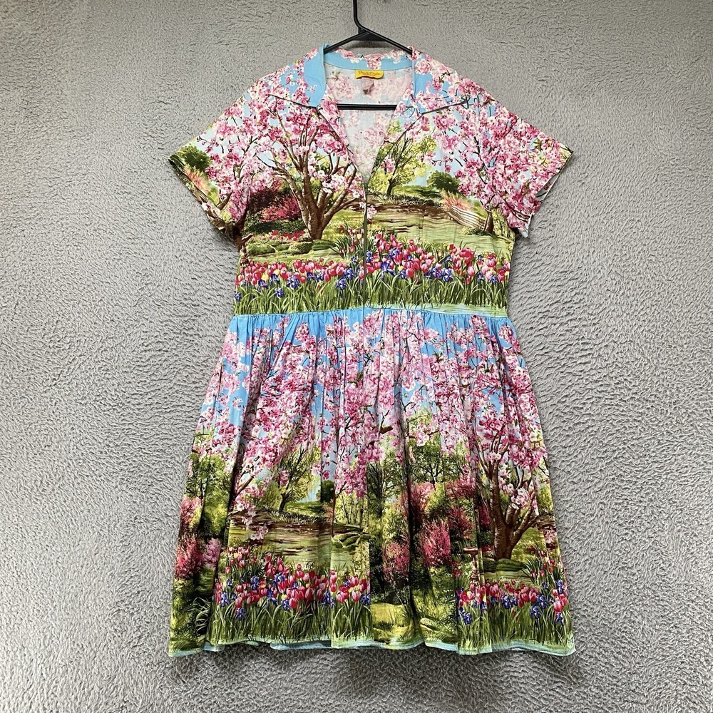 Bernie Dexter Dress Womens 2X Garden Scenic Floral Fit Flare Shirt Pockets USA